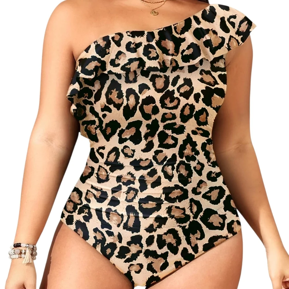 AQUA EVE - 18W Elegant Leopard Print One Shoulder Swim Suit - Picture 6 of 10